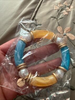 Plunder Blue, Yellow and Pearl Resin Tube Bracelet